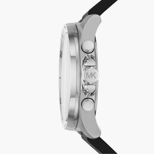 Detailed view of silver-tone crown and pushers on Michael Kors Brecken MK8850 men's quartz battery watch with black dial