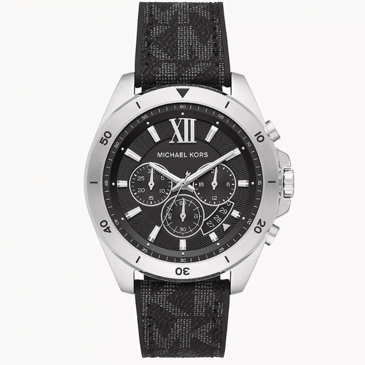 Michael Kors Brecken MK8850 men's quartz battery watch with black dial, silver-tone case, black rubber strap main view