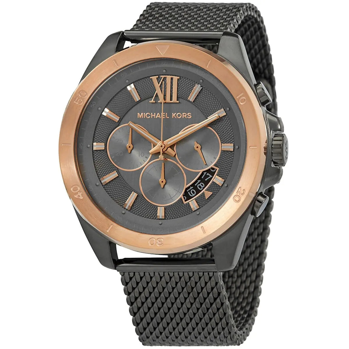 Right angled view of Michael Kors Brecken MK8868 men's quartz battery watch highlighting rose gold bezel and grey dial details