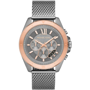 Michael Kors Brecken MK8868 men's quartz battery watch with grey dial, rose gold-tone bezel, grey mesh stainless steel bracelet main view
