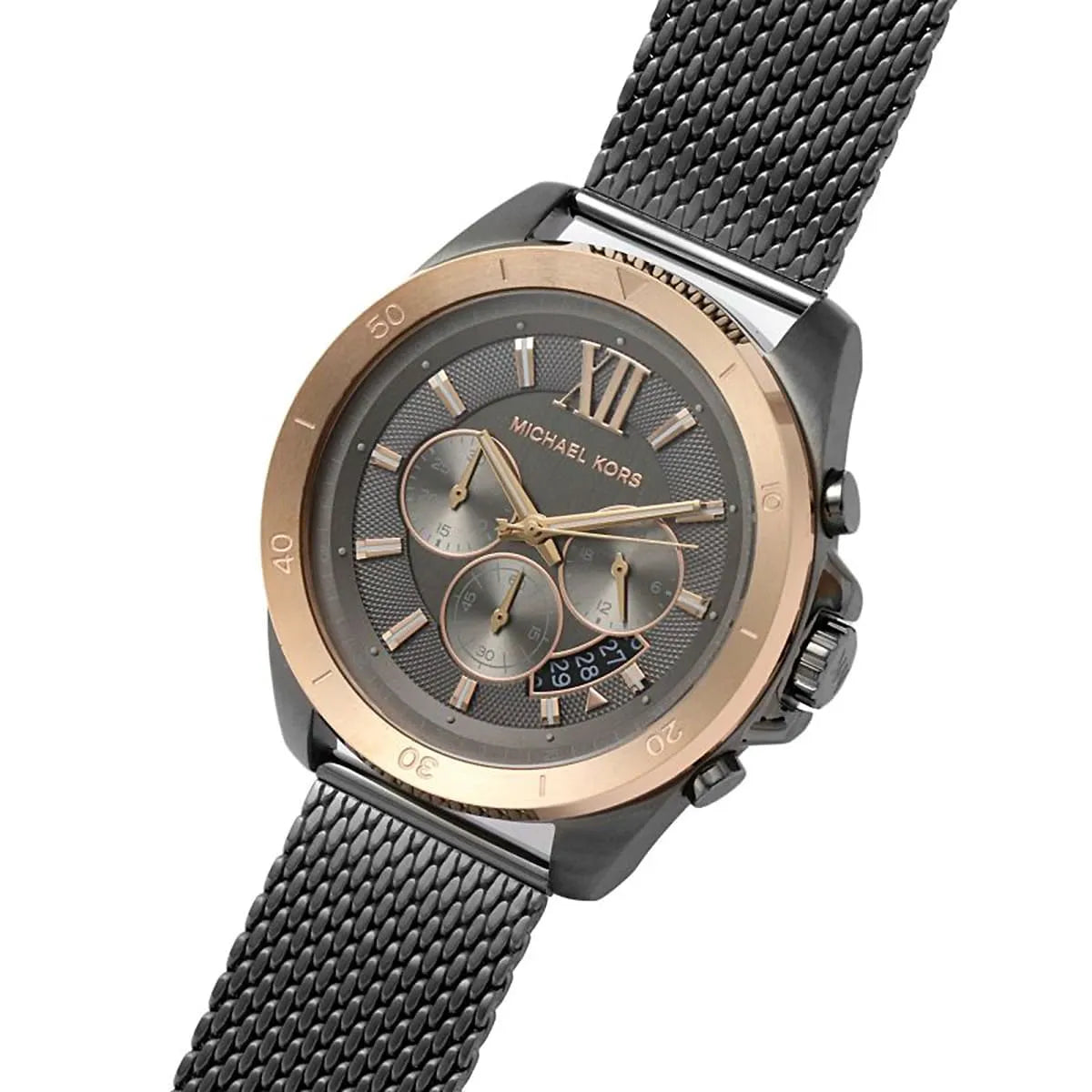 Right angled view of Michael Kors Brecken MK8868 men's quartz battery watch highlighting rose gold bezel and grey dial details