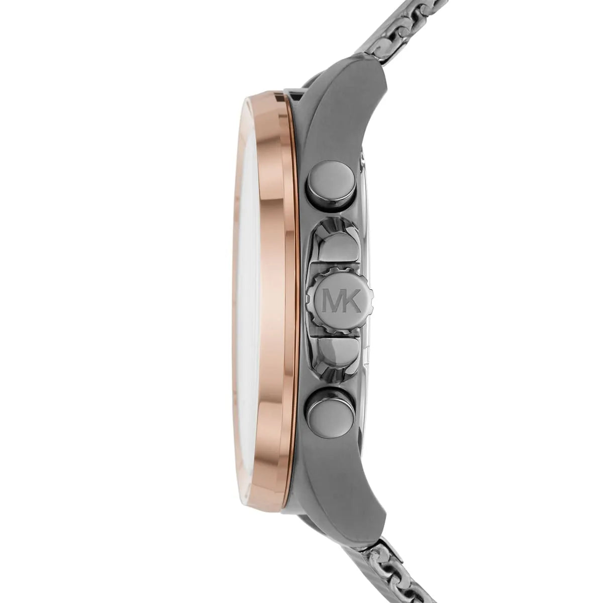 Side profile of Michael Kors Brecken MK8868 men's quartz battery watch showing 11mm thickness and rose gold bezel finish