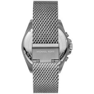 Caseback of Michael Kors Brecken MK8868 men's quartz battery watch showing technical specs grey dial and mesh bracelet