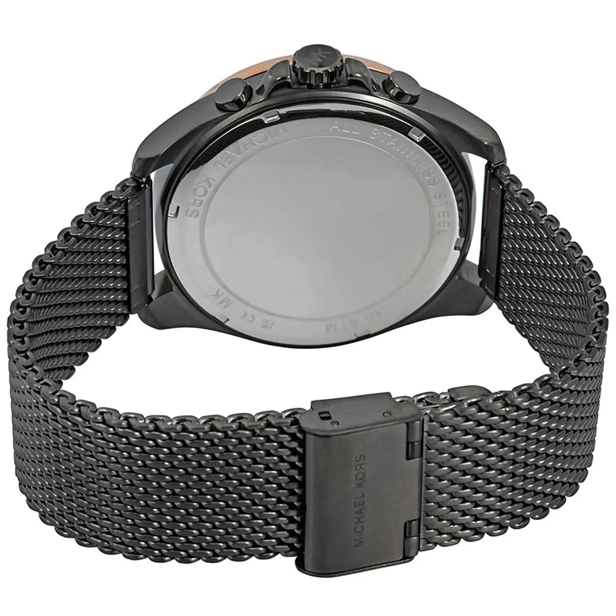 Caseback of Michael Kors Brecken MK8868 men's quartz battery watch showing technical specs grey dial and mesh bracelet