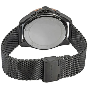 Caseback of Michael Kors Brecken MK8868 men's quartz battery watch showing technical specs grey dial and mesh bracelet