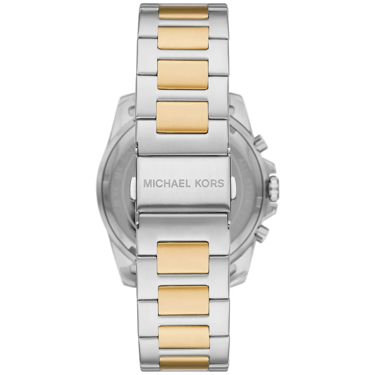 Caseback of Michael Kors Alek MK8901 men's quartz battery watch showing technical specs black dial and metal bracelet