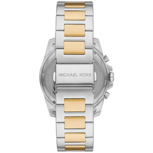 Caseback of Michael Kors Alek MK8901 men's quartz battery watch showing technical specs black dial and metal bracelet