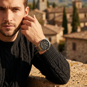 Elegant man wearing Michael Kors Alek MK8901 men's quartz battery watch with two-tone case and luxury black bezel