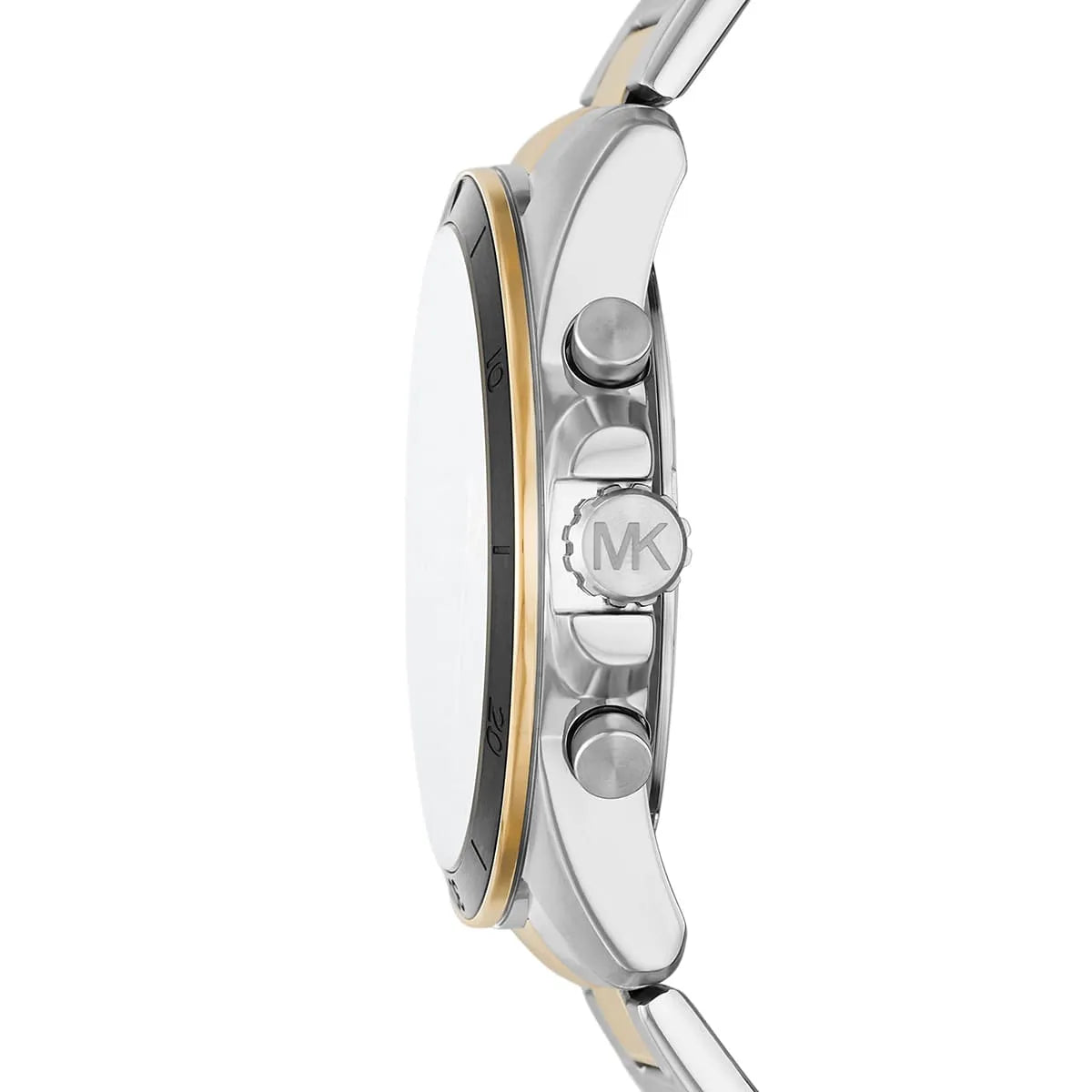 Side profile of Michael Kors Alek MK8901 men's quartz battery watch showing 11mm thickness and two-tone finish