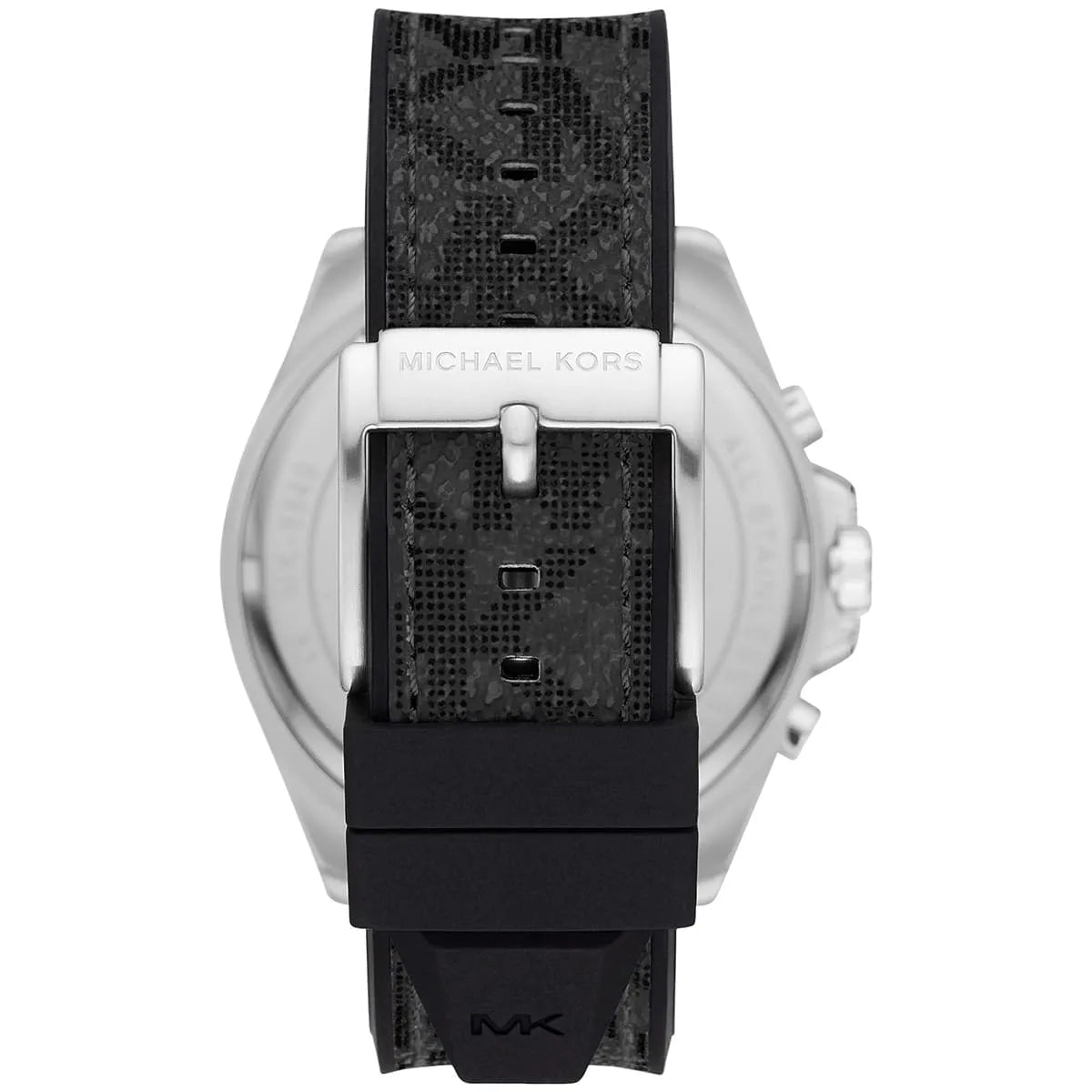 Caseback of Michael Kors Brecken MK8922 men's quartz battery watch showing technical specs silver dial and grey rubber strap