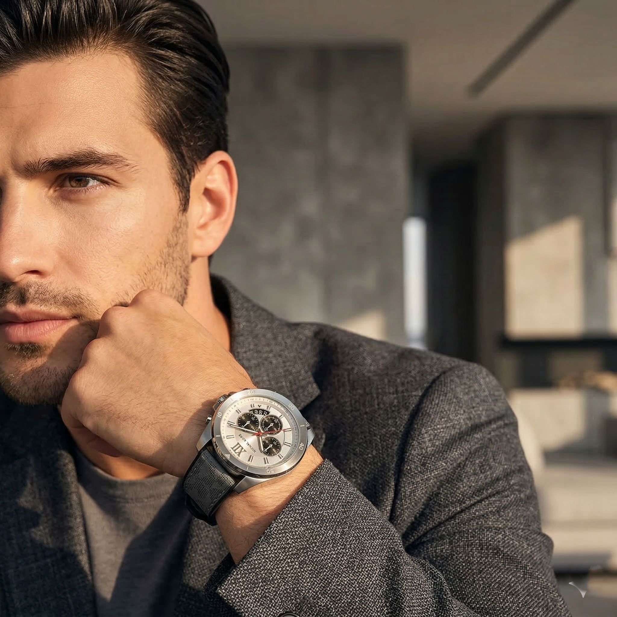 Elegant man wearing Michael Kors Brecken MK8922 men's quartz battery watch with silver-tone case and grey logo rubber strap