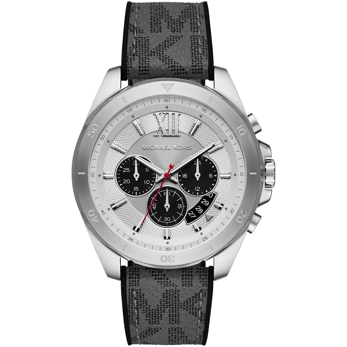 Michael Kors Brecken MK8922 men's quartz battery watch with silver dial, silver-tone case, grey rubber strap main view