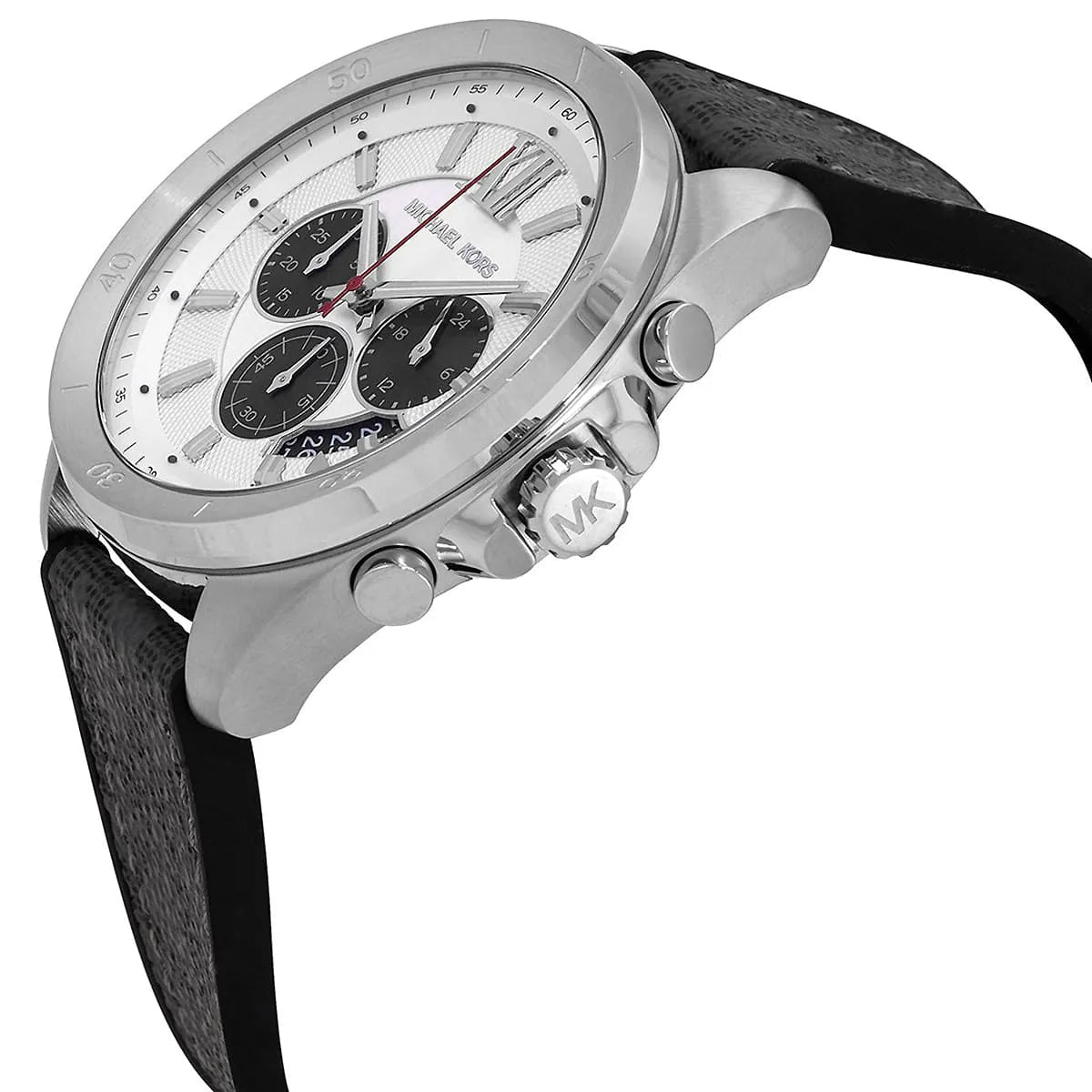 Side profile of Michael Kors Brecken MK8922 men's quartz battery watch showing 11mm thickness and silver finish