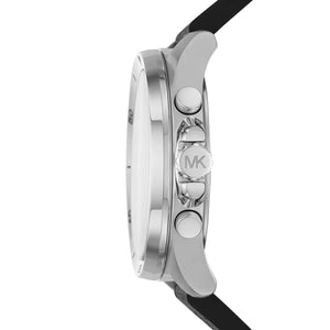 Detailed view of silver-tone crown and pushers on Michael Kors Brecken MK8922 men's quartz battery watch with silver dial