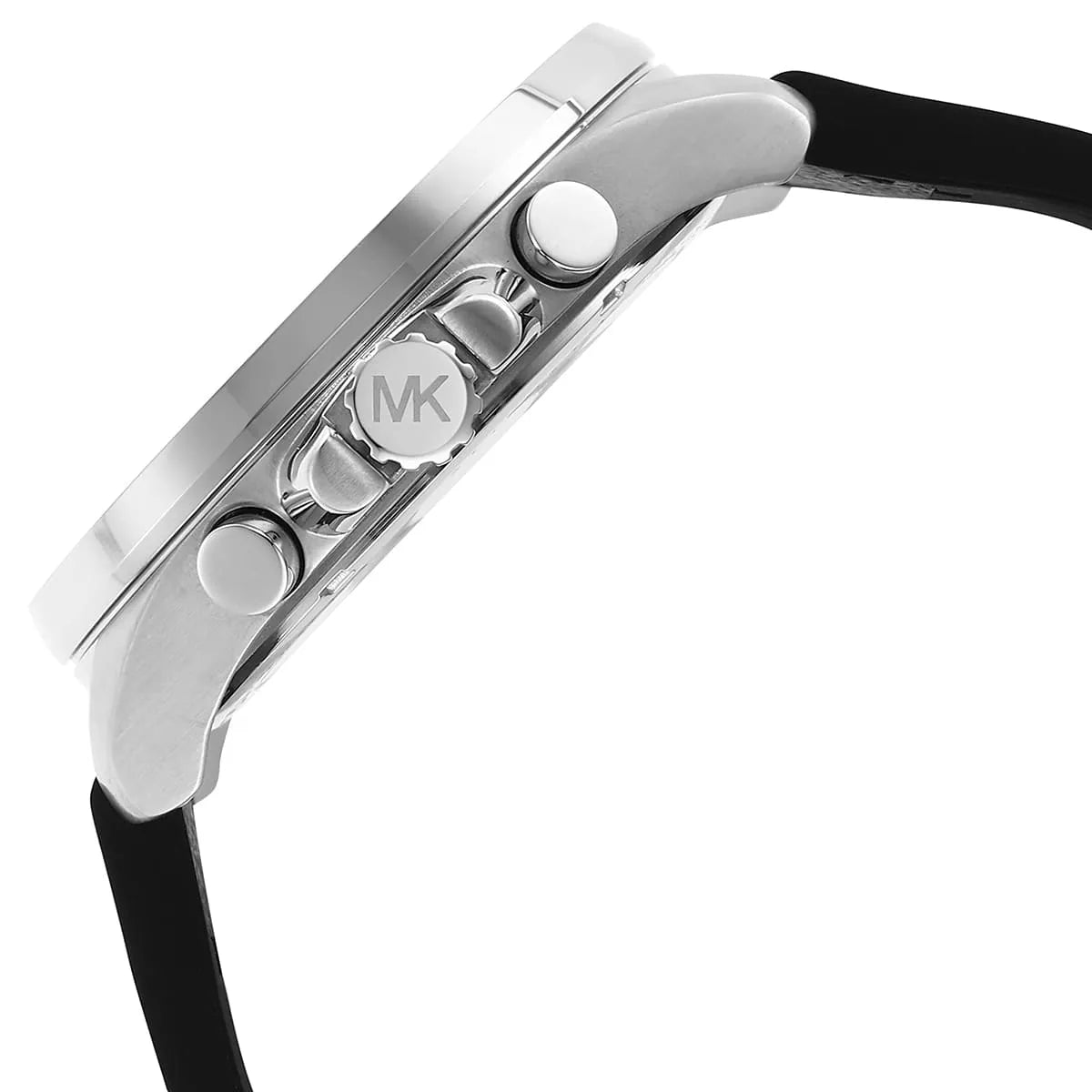 Detailed view of silver-tone crown and pushers on Michael Kors Brecken MK8922 men's quartz battery watch with silver dial