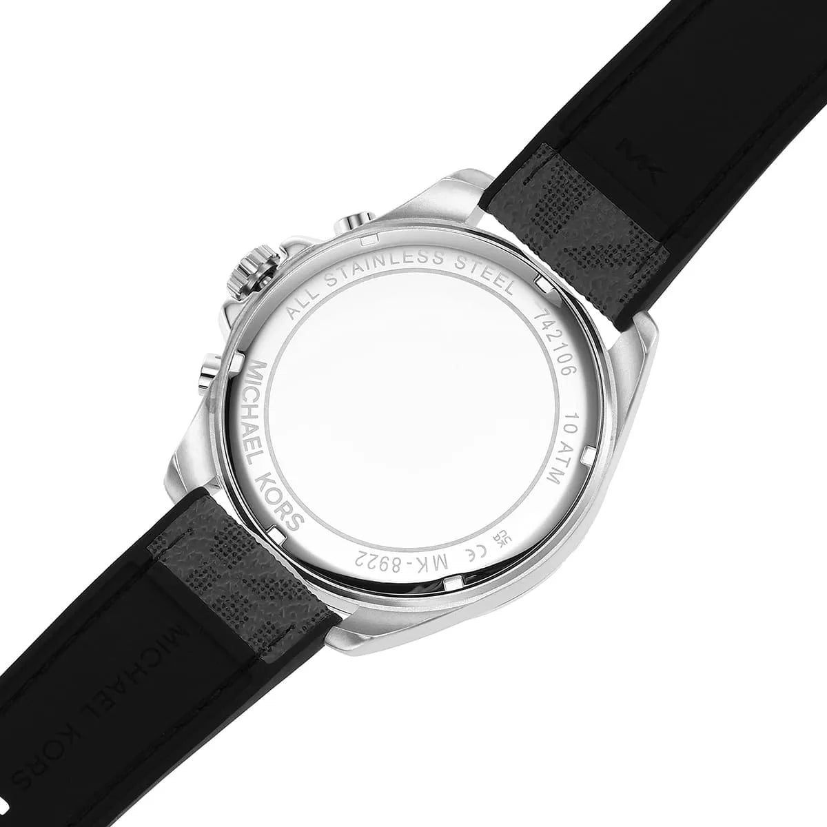 Caseback of Michael Kors Brecken MK8922 men's quartz battery watch showing technical specs silver dial and grey rubber strap