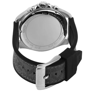Caseback of Michael Kors Brecken MK8922 men's quartz battery watch showing technical specs silver dial and grey rubber strap