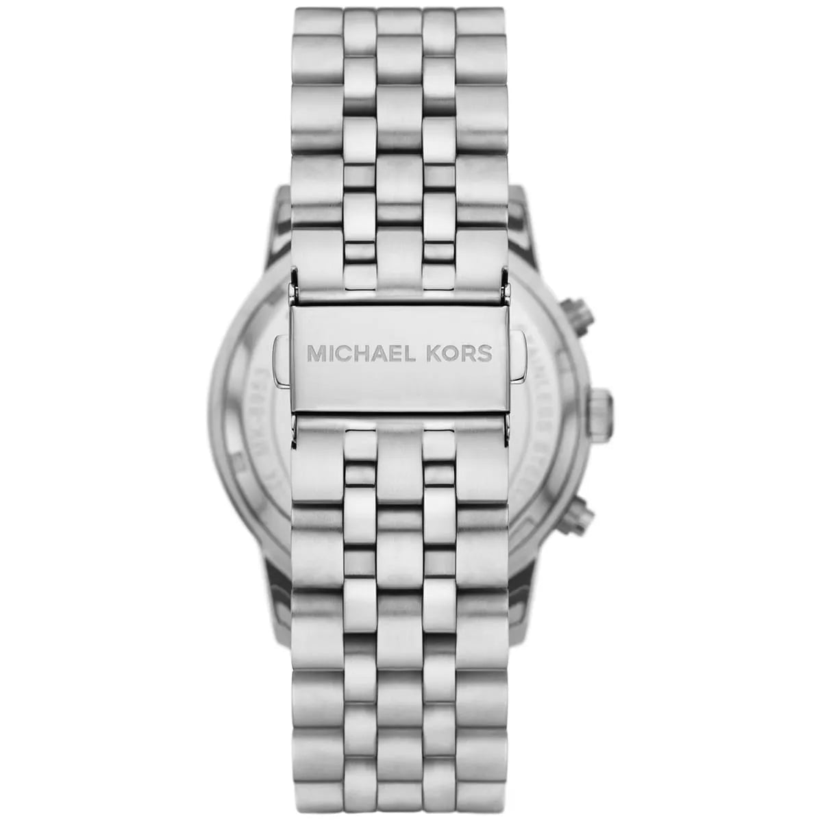 Caseback of Michael Kors Hutton MK8952 men's quartz battery watch showing technical specs blue dial and silver metal bracelet