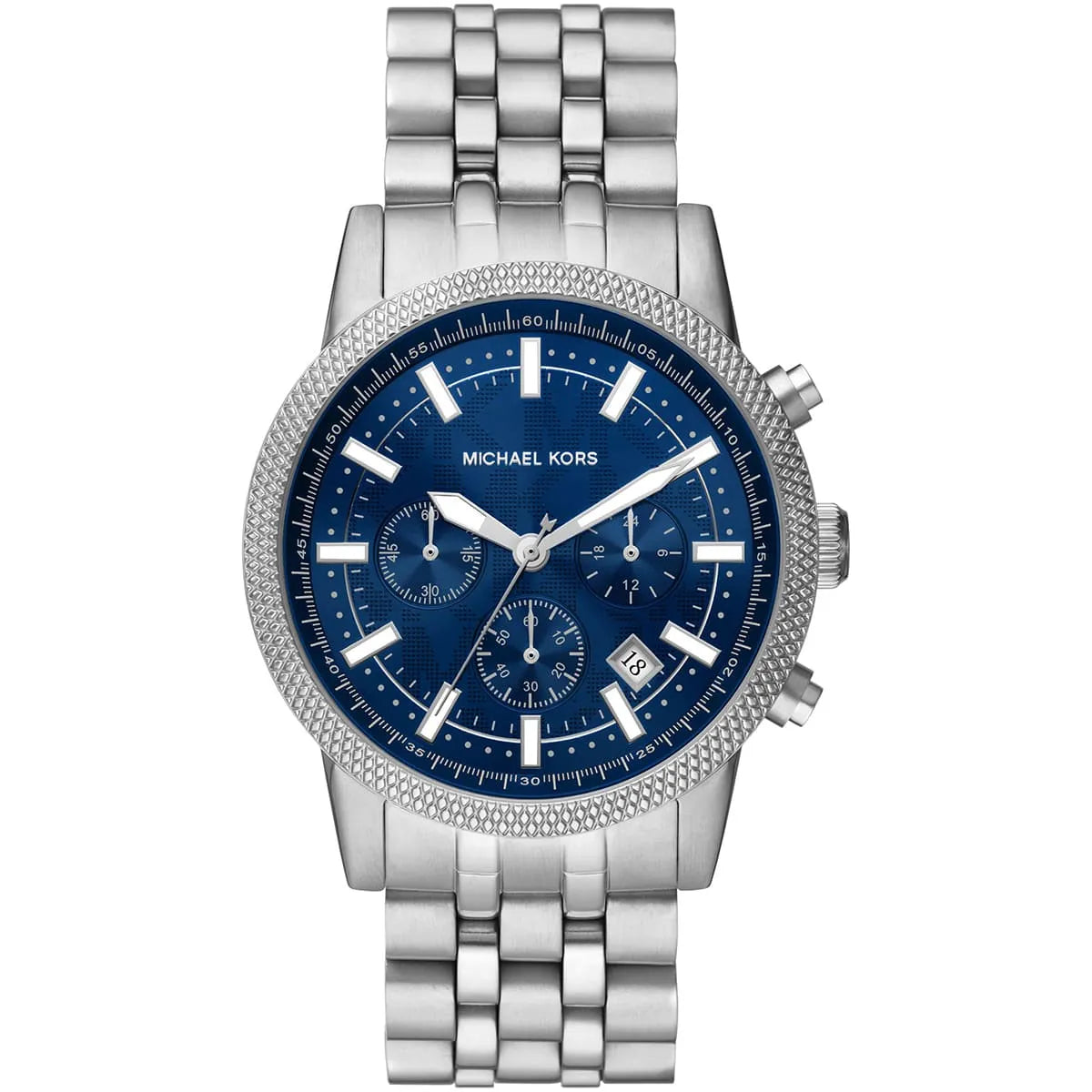 Michael Kors Hutton MK8952 men's quartz battery watch with textured blue dial, knurled silver bezel, silver stainless steel bracelet main view