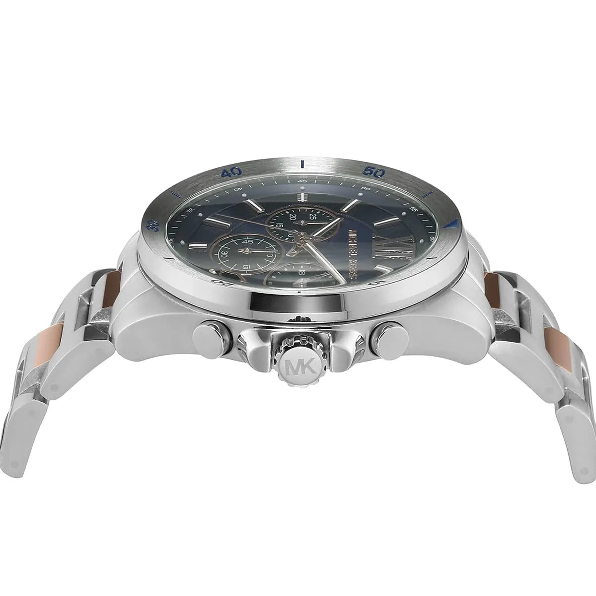 Side profile showing the rose gold-tone textured crown and chronograph pushers of the Michael Kors MK9065