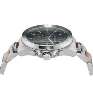 Side profile showing the rose gold-tone textured crown and chronograph pushers of the Michael Kors MK9065