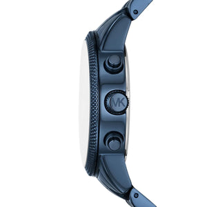 Side profile of the navy blue case, textured crown, and chronograph pushers on the Michael Kors MK9088