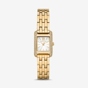 Michael Kors Emery MKO1034 women watch with gold rectangular case and gold stainless steel bracelet