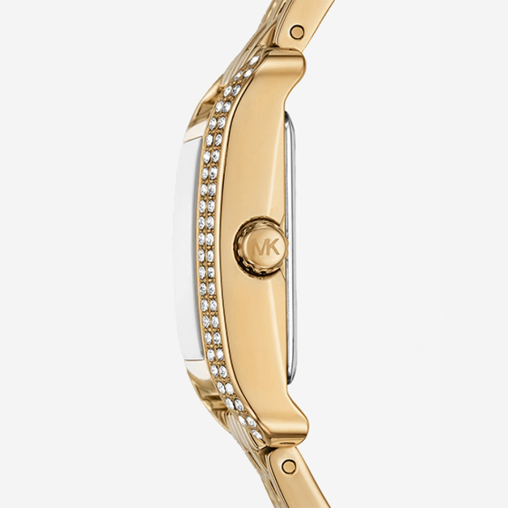 Right side profile view of the 8mm gold-tone case on the Michael Kors Emery MKO1034