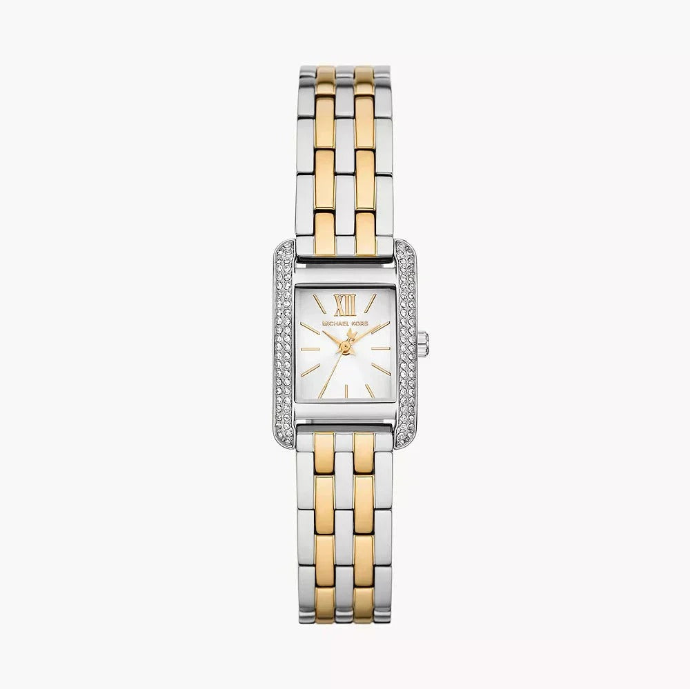 Authentic real-life photo of Michael Kors MKO1035 showing two-tone bracelet and rectangular crystal bezel