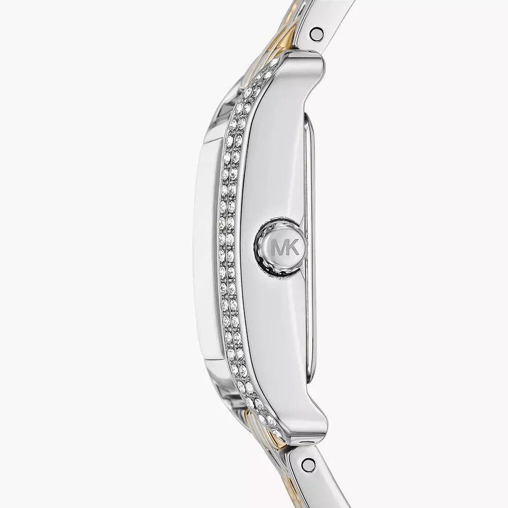 Perspective photo of Michael Kors MKO1035 showing the side profile and mixed metal bracelet finish