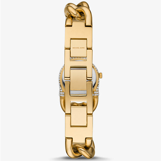 Photo of the gold-tone chain link deployment buckle on the Michael Kors MKO1067