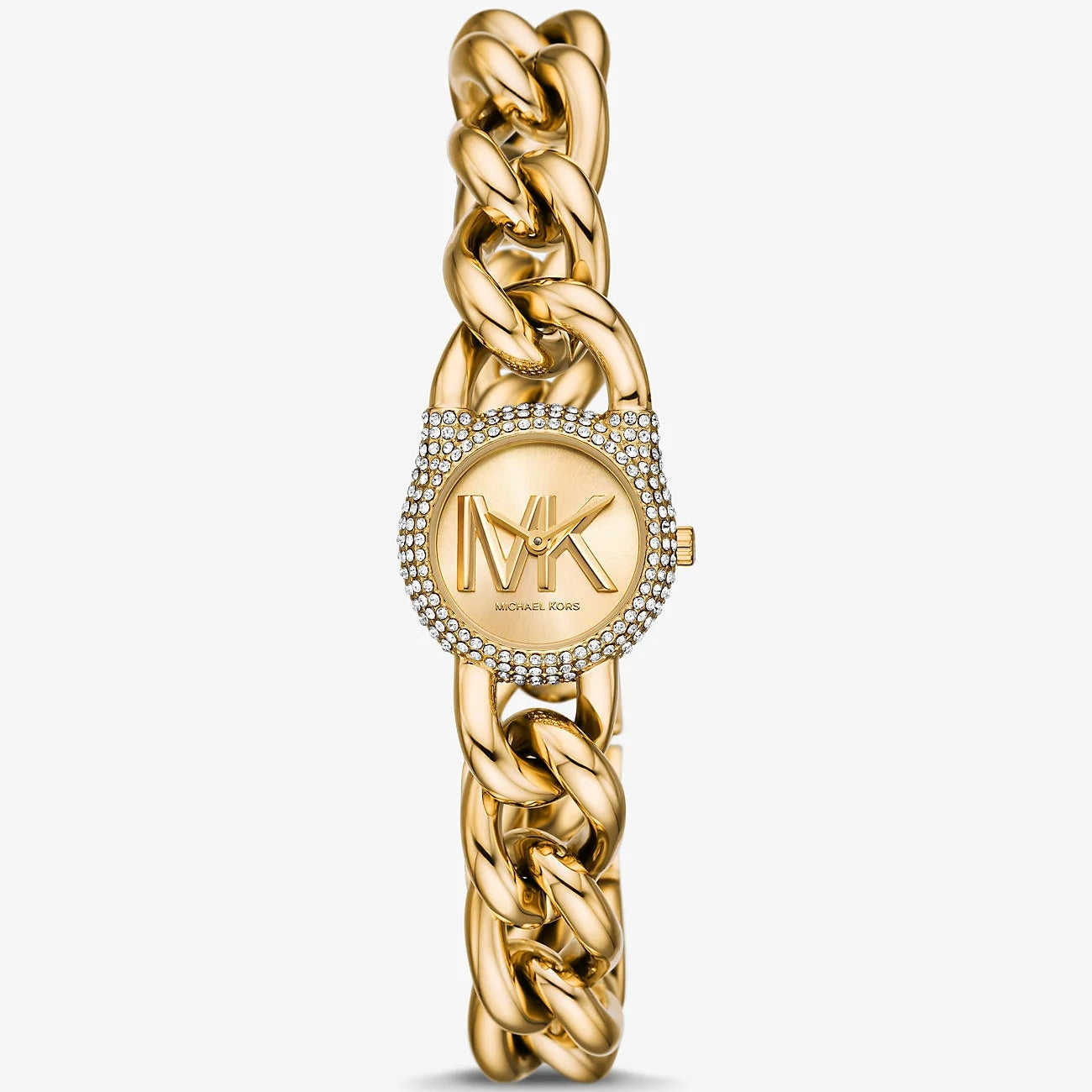 Authentic real-life photo of Michael Kors MKO1067 showing actual gold chain link strap and crystal bezel