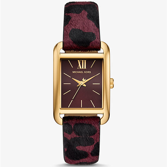 Authentic real-life photo of Michael Kors mko1116 showing actual leopard print strap and burgundy dial