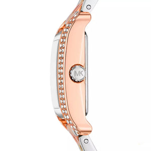 Angled real-life photo of Michael Kors mko1146 showing the polished tri-tone case and crystal detail