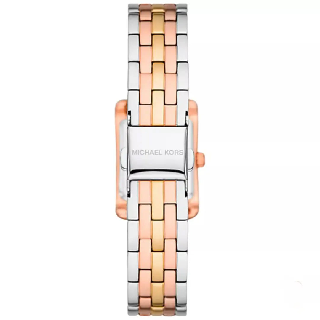 Photo of the tri-tone stainless steel deployment buckle on the Michael Kors mko1146