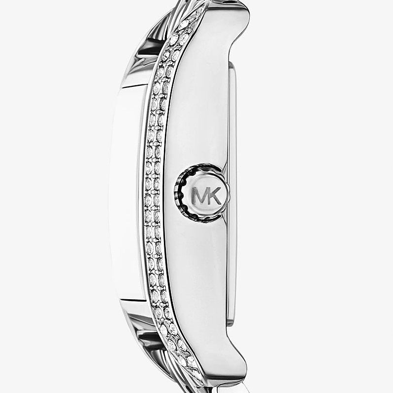 Detail photo of the silver-tone crown on the Michael Kors mko1169 women's watch