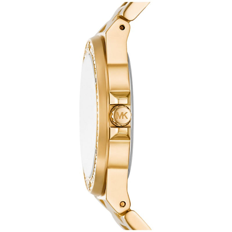 Right side profile view of the gold-tone round case and crown on the Michael Kors watch