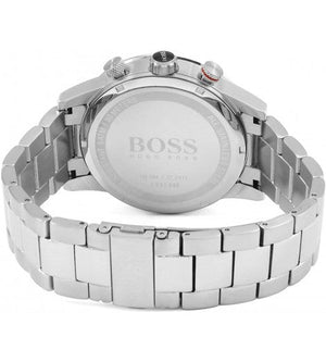 Caseback of Hugo Boss Rafale 1513511 showing technical specs silver dial and silver metal strap 50m water resistance