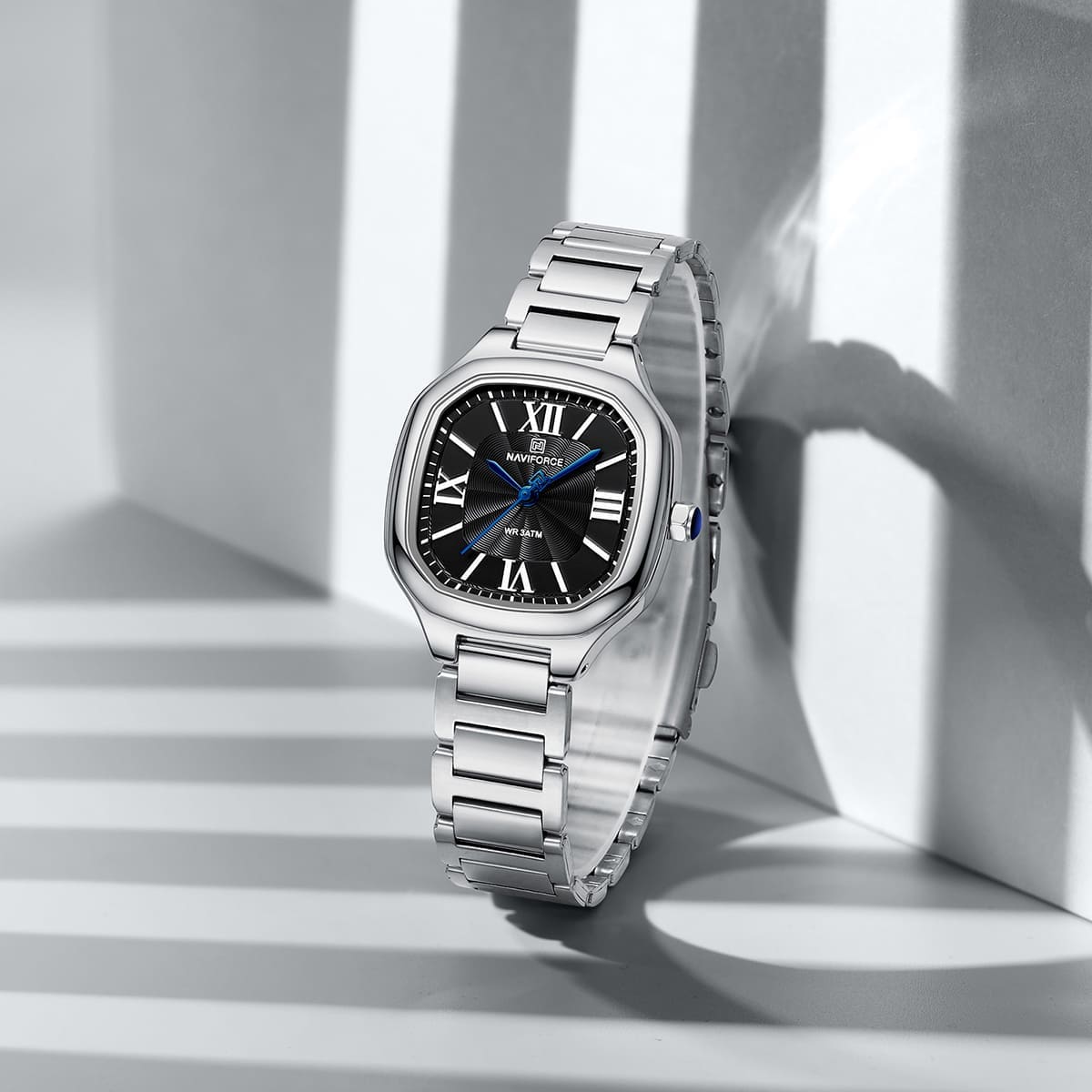 Naviforce NF5042-S-B-S Women's Square Watch – Black Dial & Silver Steel Strap – view 3