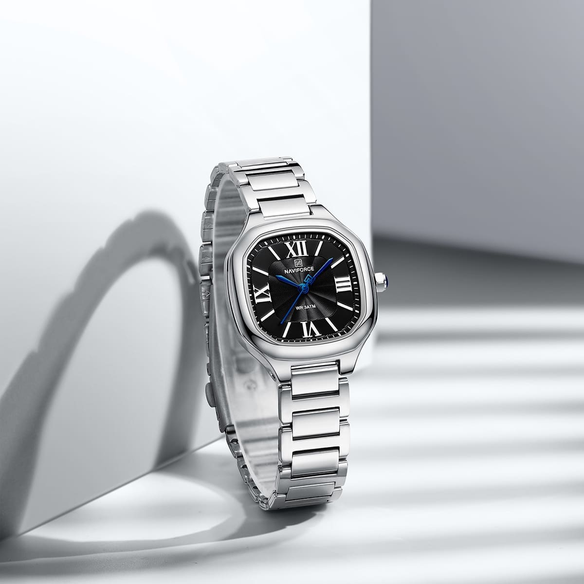 Naviforce NF5042-S-B-S Women's Square Watch – Black Dial & Silver Steel Strap – view 4