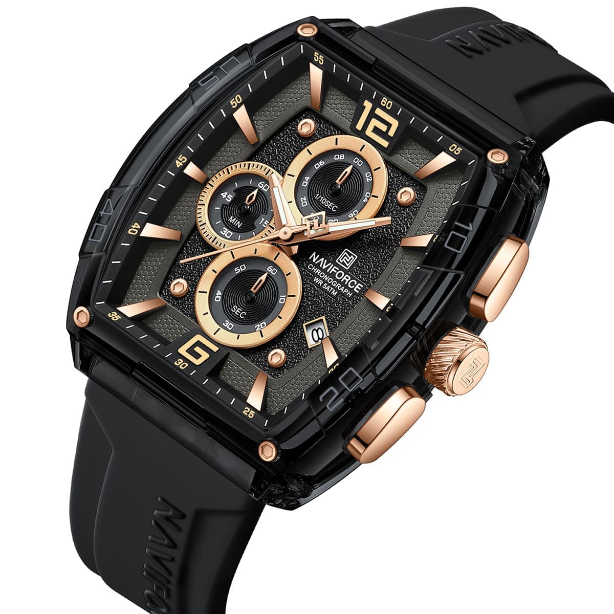 Naviforce NF6101-B-Y-B Men's Square Chronograph Watch – Black Dial & Black Rubber Strap – view 2