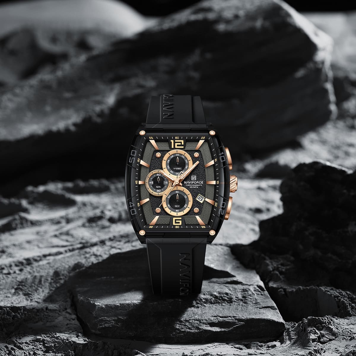 Naviforce NF6101-B-Y-B Men's Square Chronograph Watch – Black Dial & Black Rubber Strap – view 3