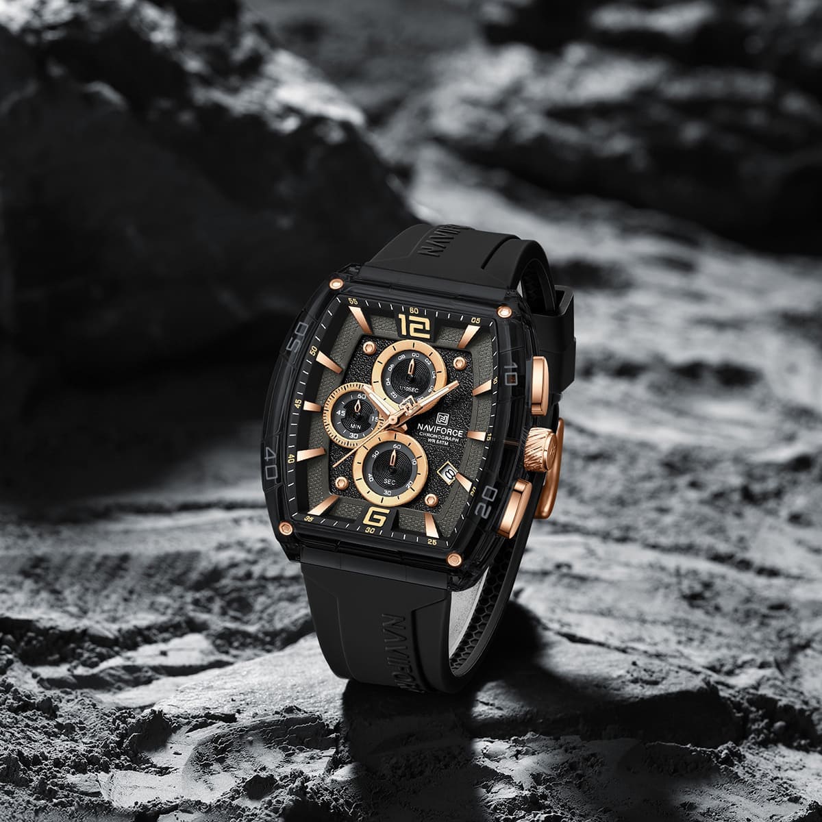 Naviforce NF6101-B-Y-B Men's Square Chronograph Watch – Black Dial & Black Rubber Strap – view 4