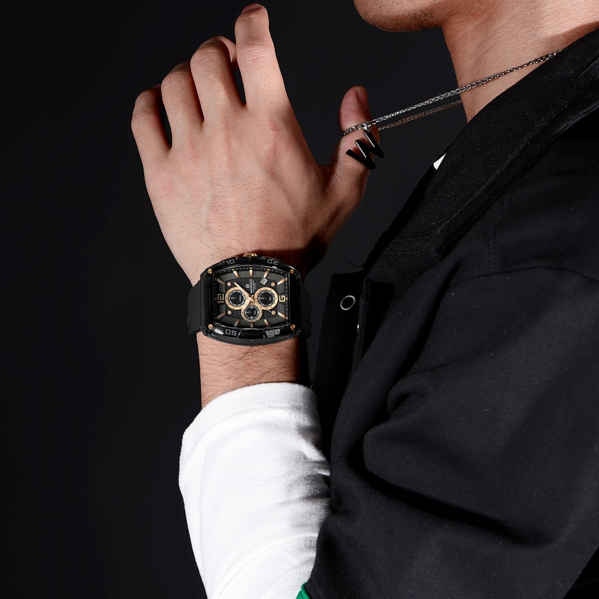 Naviforce NF6101-B-Y-B Men's Square Chronograph Watch – Black Dial & Black Rubber Strap – view 5