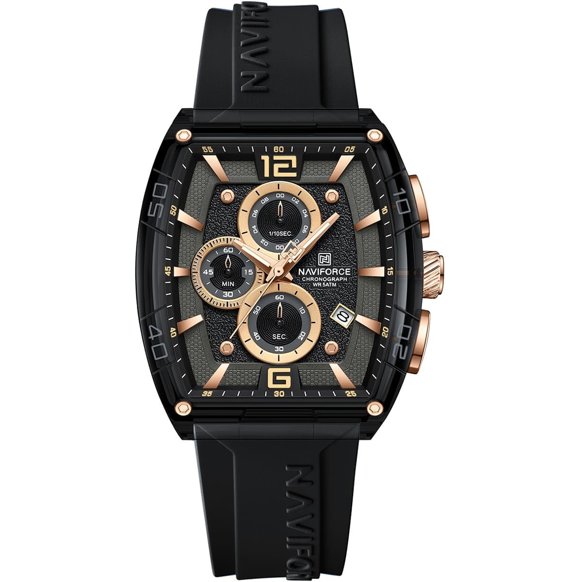 Naviforce NF6101-B-Y-B Men's Square Chronograph Watch – Black Dial & Black Rubber Strap