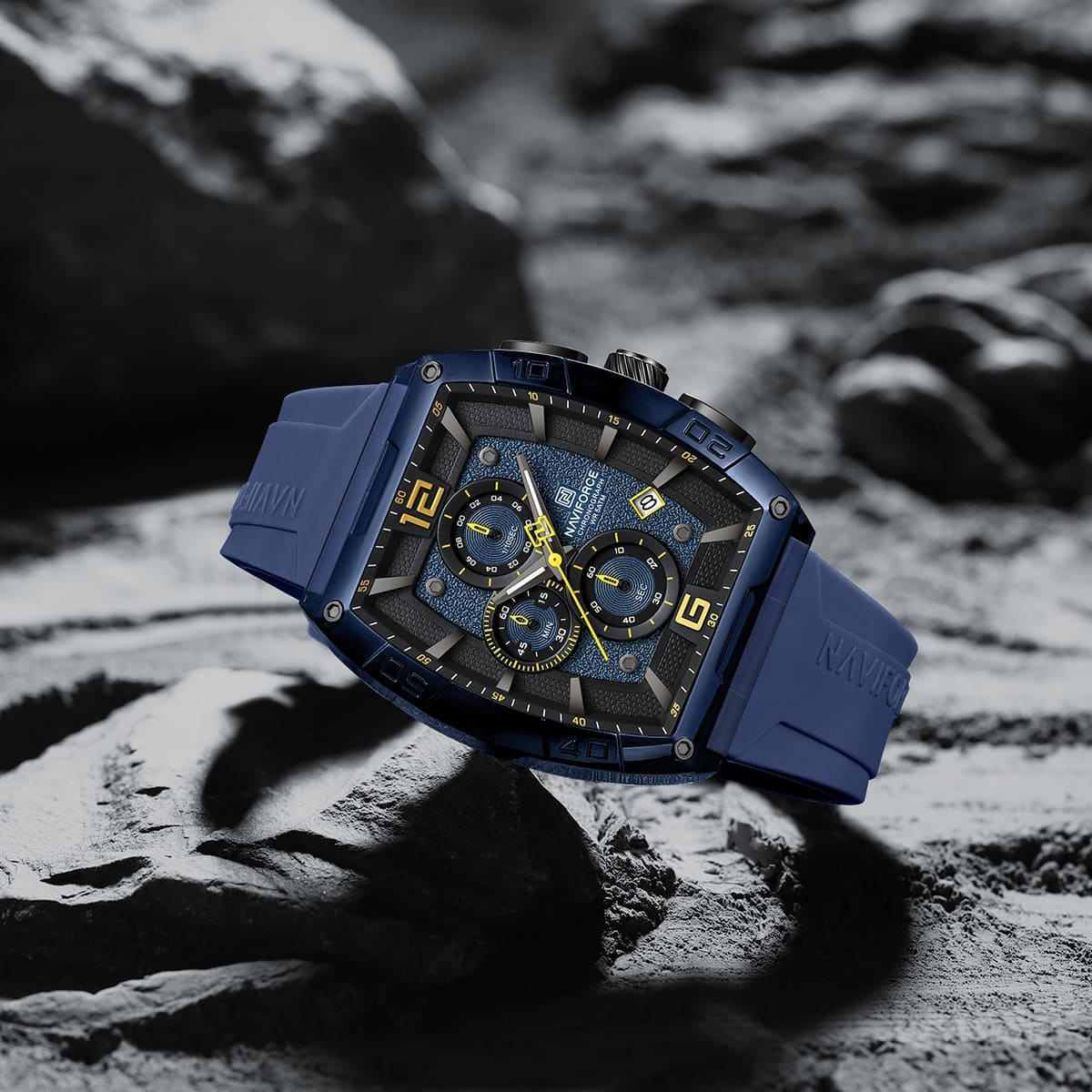 Naviforce NF6101-BE-Y-BE Men's Square Chronograph Watch – Blue Dial & Blue Rubber Strap – view 4