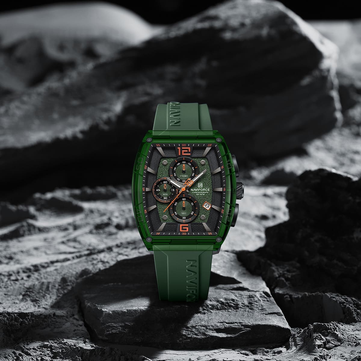 Naviforce NF6101-GN-O-GN Men's Square Chronograph Watch – Green Dial & Green Rubber Strap – view 3