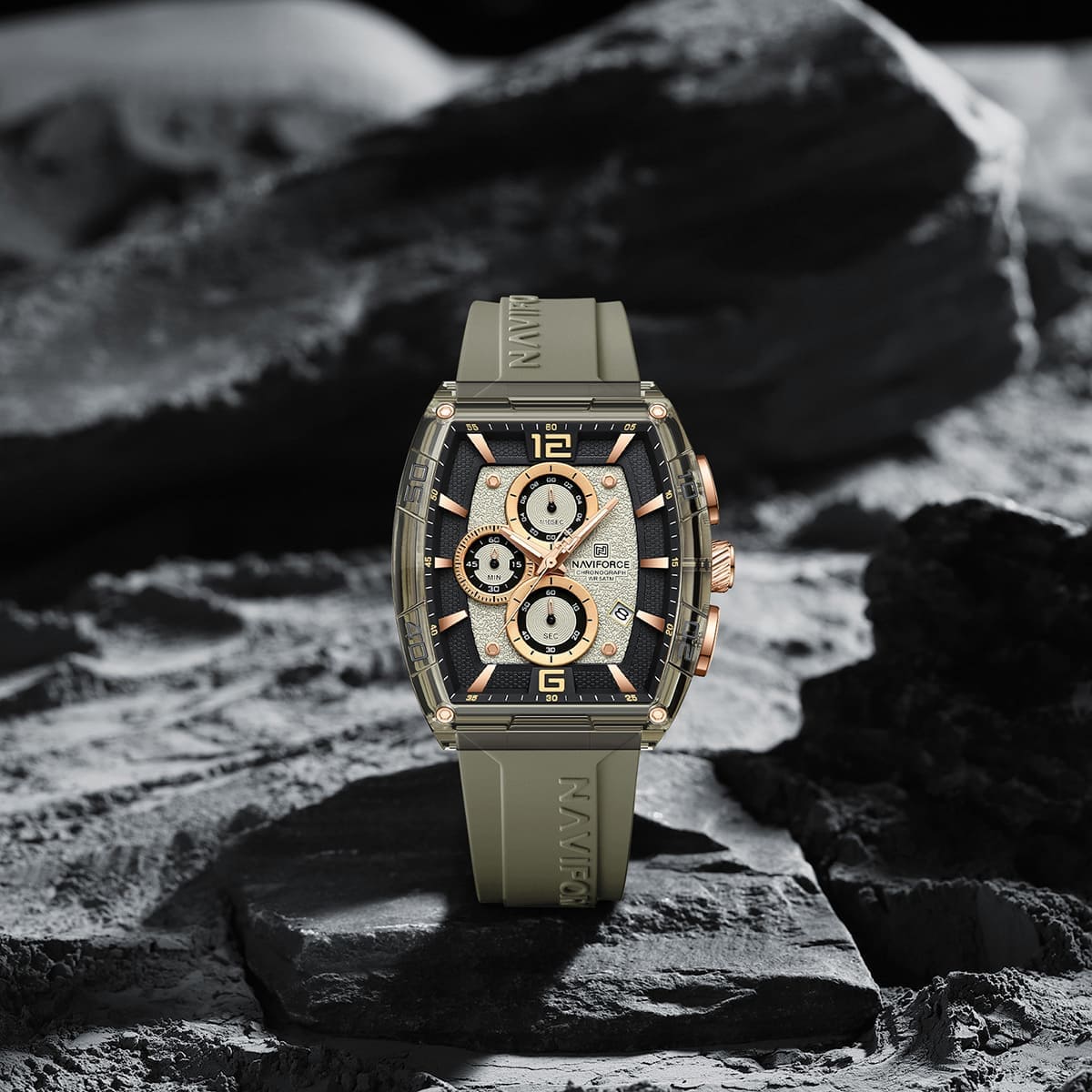 Naviforce NF6101-GY-Y-GY Men's Square Chronograph Watch – Gray Dial & Gray Rubber Strap – view 3