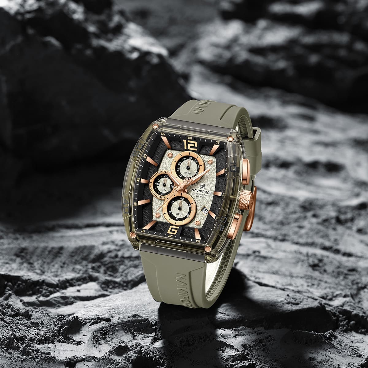 Naviforce NF6101-GY-Y-GY Men's Square Chronograph Watch – Gray Dial & Gray Rubber Strap – view 4