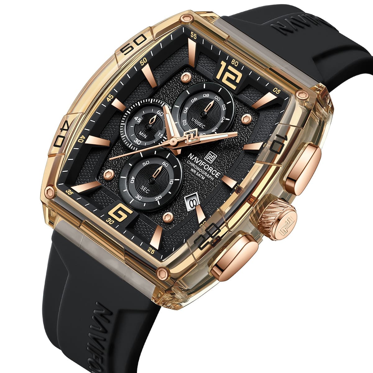 Naviforce NF6101-RG-Y-B Men's Square Chronograph Watch – Rose Gold Case, Black Dial & Black Rubber Strap – view 2